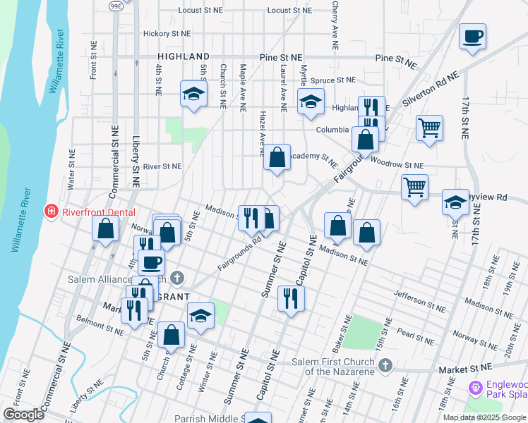 map of restaurants, bars, coffee shops, grocery stores, and more near 1815 Winter Street Northeast in Salem