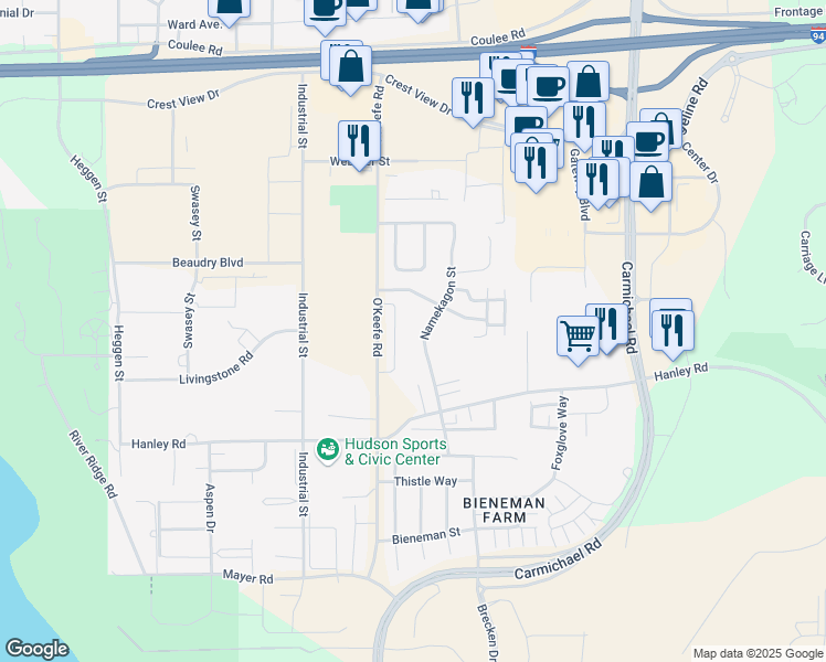 map of restaurants, bars, coffee shops, grocery stores, and more near 1401 Namekagon Street in Hudson