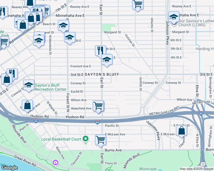 map of restaurants, bars, coffee shops, grocery stores, and more near 454 Earl Street in Saint Paul