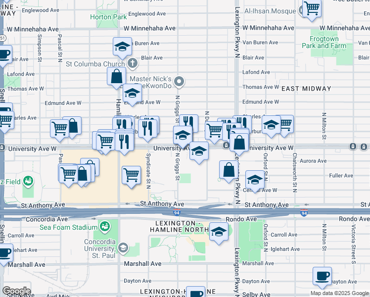 map of restaurants, bars, coffee shops, grocery stores, and more near 1212 University Avenue West in Saint Paul