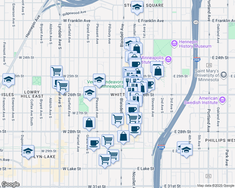 map of restaurants, bars, coffee shops, grocery stores, and more near 2621 Pillsbury Avenue in Minneapolis