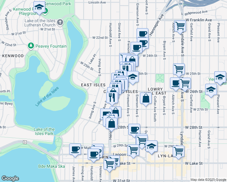 map of restaurants, bars, coffee shops, grocery stores, and more near 2617 Humboldt Avenue South in Minneapolis
