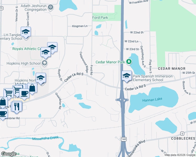 map of restaurants, bars, coffee shops, grocery stores, and more near 2603 Cedar Crest Road West in Hopkins