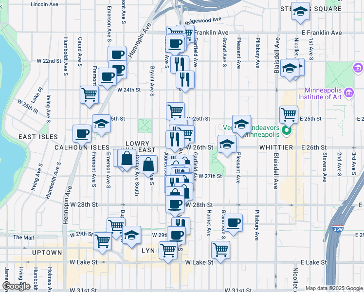 map of restaurants, bars, coffee shops, grocery stores, and more near 2621 Lyndale Avenue South in Minneapolis