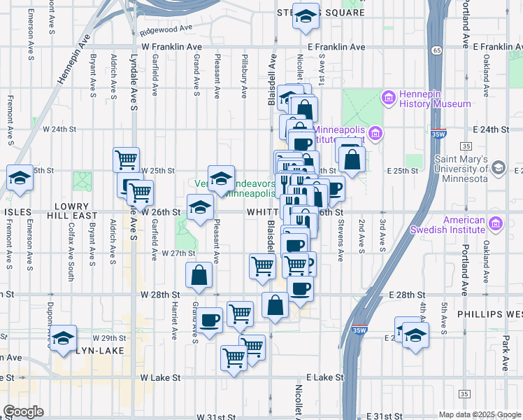 map of restaurants, bars, coffee shops, grocery stores, and more near 2621 Pillsbury Avenue in Minneapolis