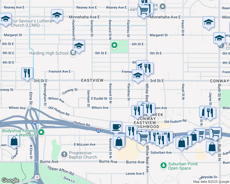 map of restaurants, bars, coffee shops, grocery stores, and more near 1668 East Euclid Street in Saint Paul