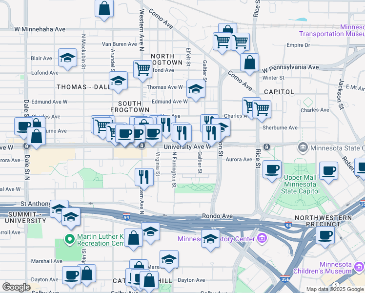 map of restaurants, bars, coffee shops, grocery stores, and more near 300 University Avenue West in Saint Paul
