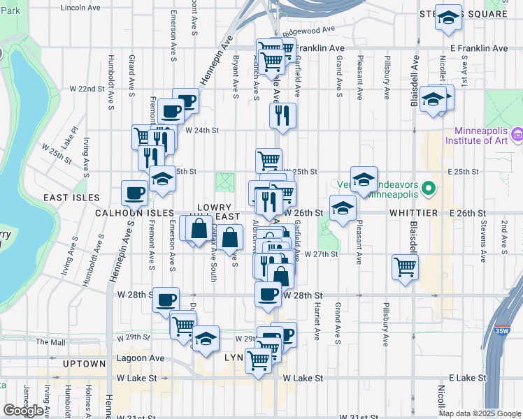 map of restaurants, bars, coffee shops, grocery stores, and more near 2616 Aldrich Avenue South in Minneapolis