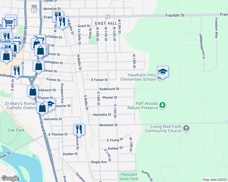 map of restaurants, bars, coffee shops, grocery stores, and more near 1107 Plumer Street in Wausau