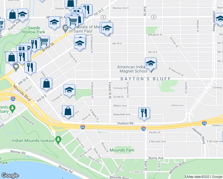 map of restaurants, bars, coffee shops, grocery stores, and more near 960 Euclid Street in Saint Paul