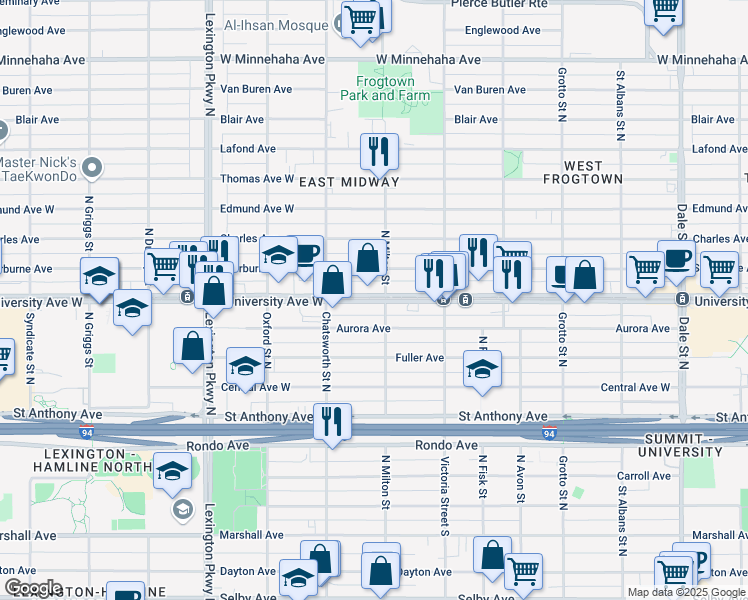 map of restaurants, bars, coffee shops, grocery stores, and more near 929 Aurora Avenue in Saint Paul