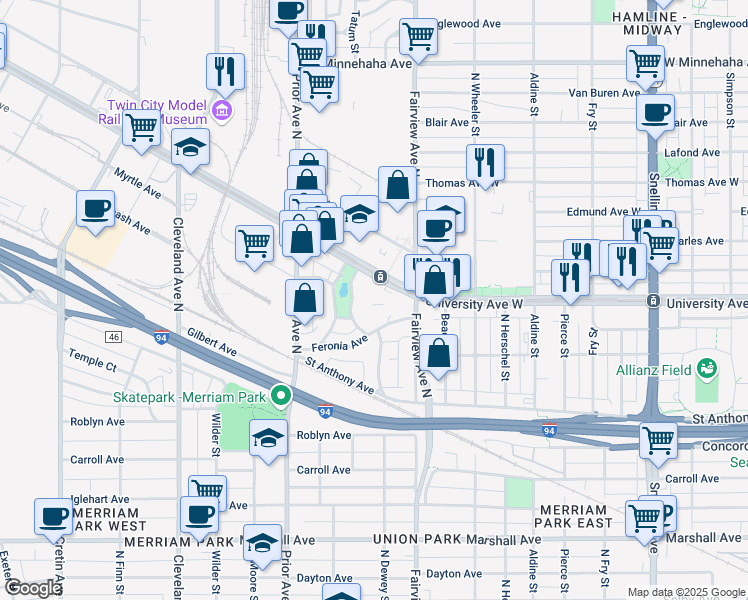 map of restaurants, bars, coffee shops, grocery stores, and more near 1879 Feronia Avenue in Saint Paul