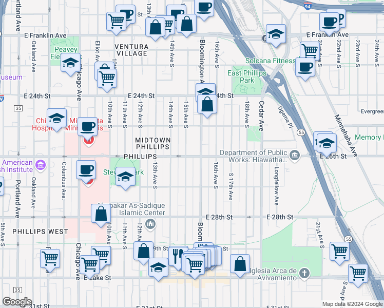 map of restaurants, bars, coffee shops, grocery stores, and more near 2615 South 15th Avenue in Minneapolis