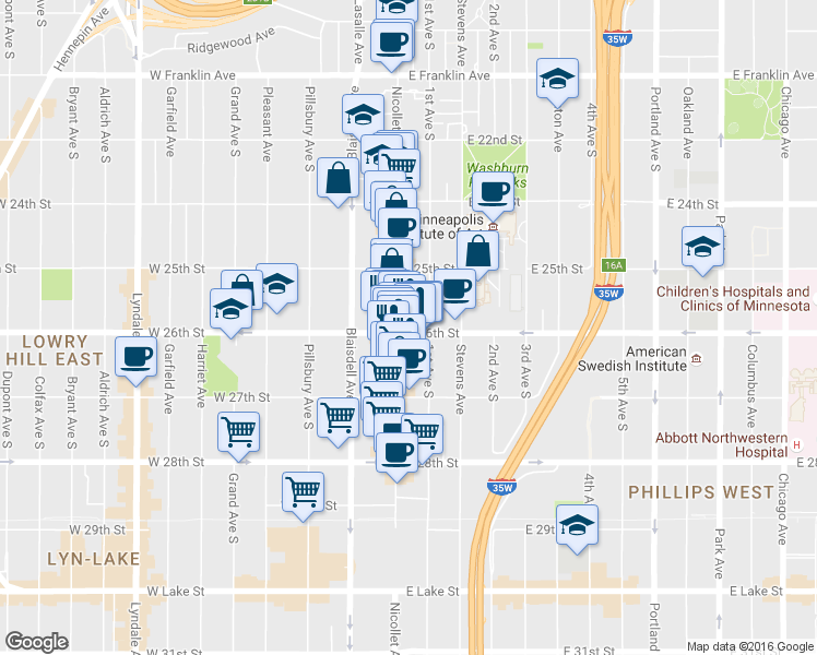 map of restaurants, bars, coffee shops, grocery stores, and more near in Minneapolis