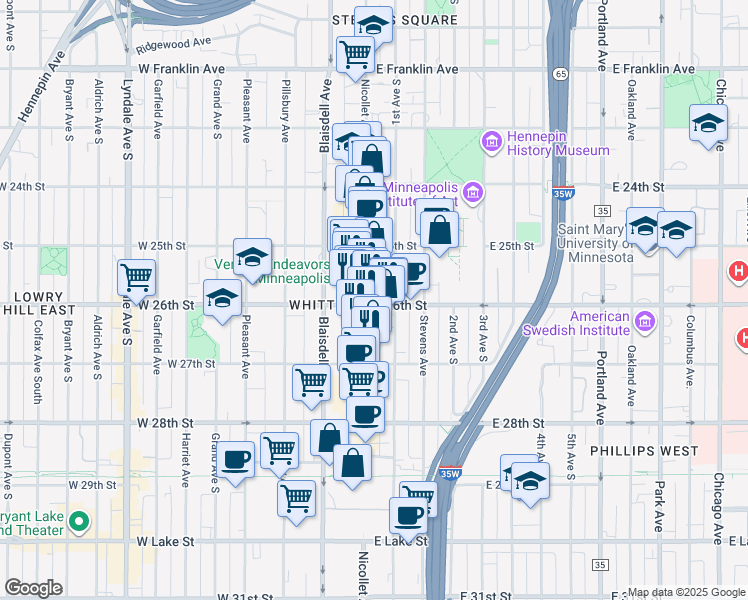 map of restaurants, bars, coffee shops, grocery stores, and more near in Minneapolis