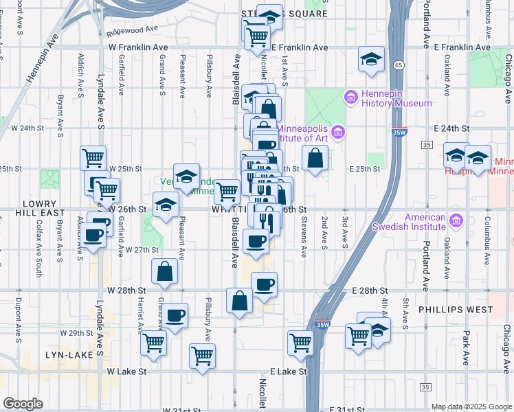 map of restaurants, bars, coffee shops, grocery stores, and more near in Minneapolis