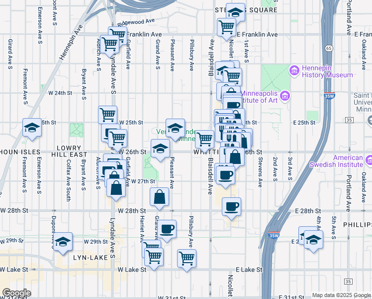 map of restaurants, bars, coffee shops, grocery stores, and more near in Minneapolis