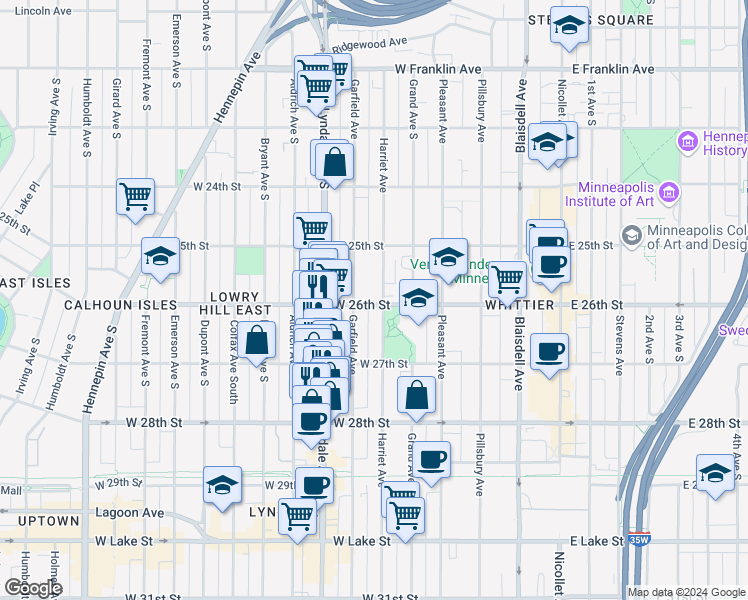 map of restaurants, bars, coffee shops, grocery stores, and more near 2615 Garfield Avenue in Minneapolis