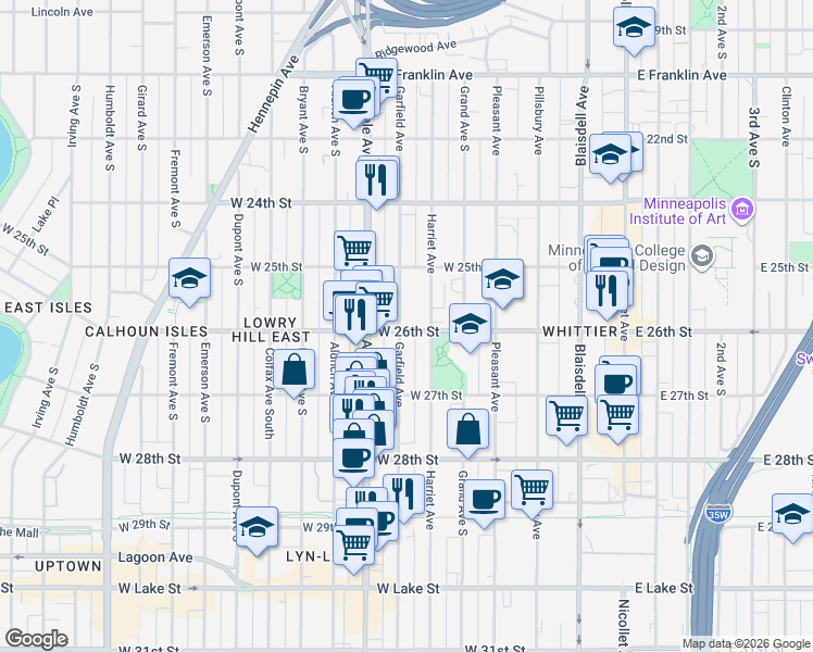 map of restaurants, bars, coffee shops, grocery stores, and more near 2615 Garfield Avenue in Minneapolis