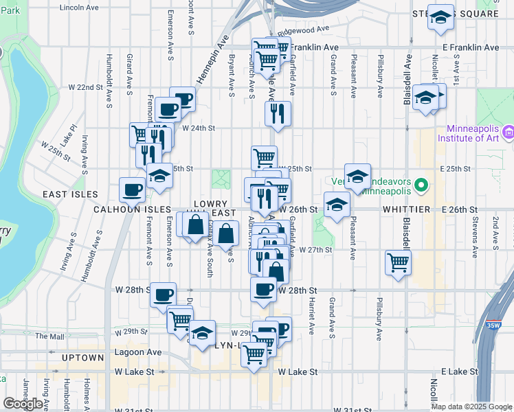 map of restaurants, bars, coffee shops, grocery stores, and more near 2616 Aldrich Avenue South in Minneapolis