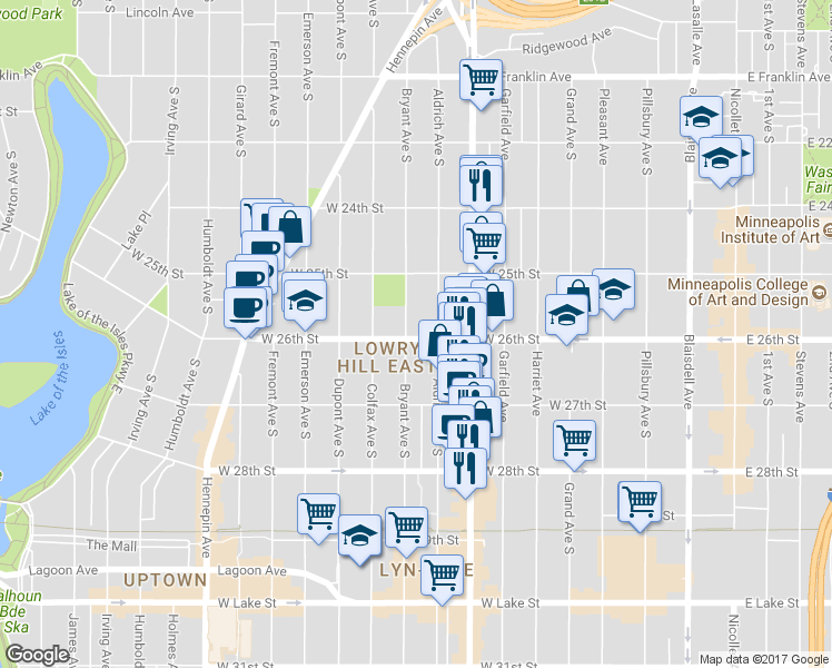 map of restaurants, bars, coffee shops, grocery stores, and more near 2616 Aldrich Avenue South in Minneapolis