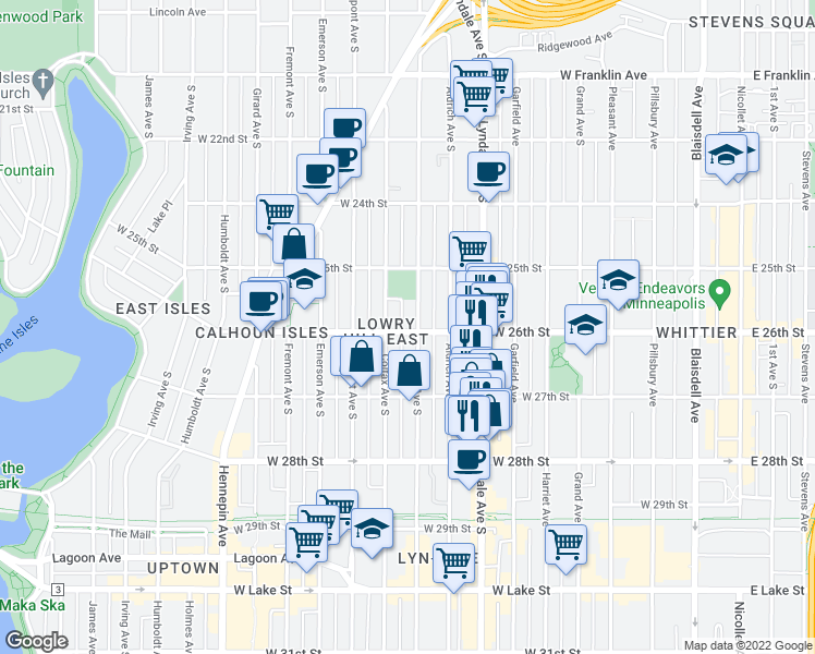 map of restaurants, bars, coffee shops, grocery stores, and more near 2618 Bryant Avenue South in Minneapolis