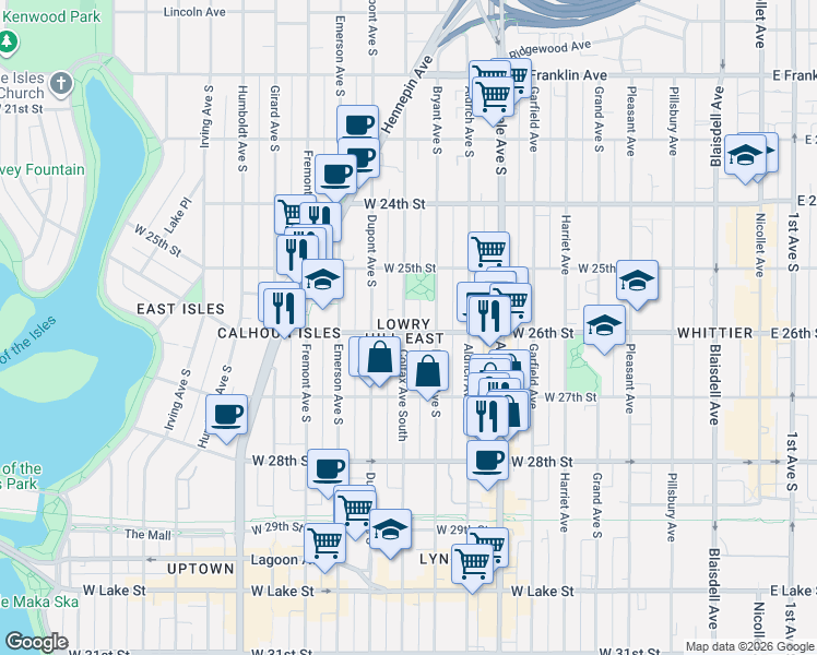 map of restaurants, bars, coffee shops, grocery stores, and more near 2618 Bryant Avenue South in Minneapolis