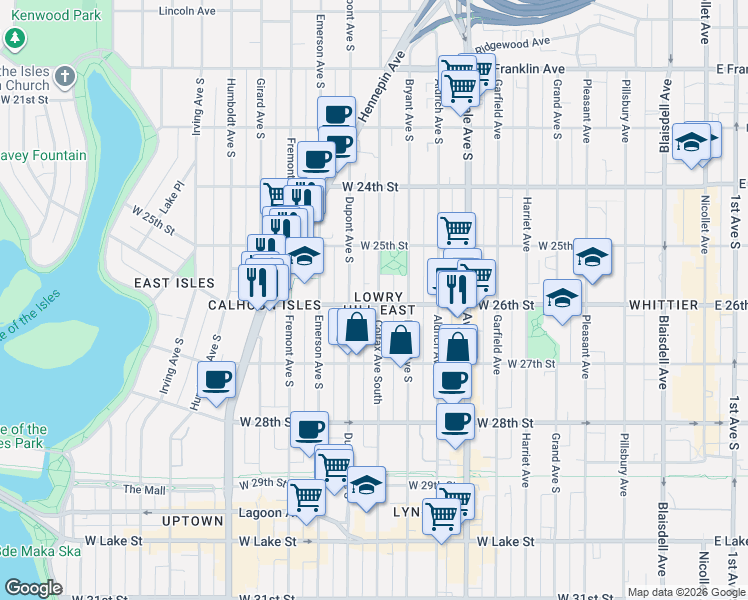 map of restaurants, bars, coffee shops, grocery stores, and more near in Minneapolis