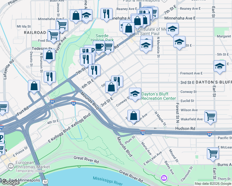 map of restaurants, bars, coffee shops, grocery stores, and more near 701 3rd Street East in Saint Paul