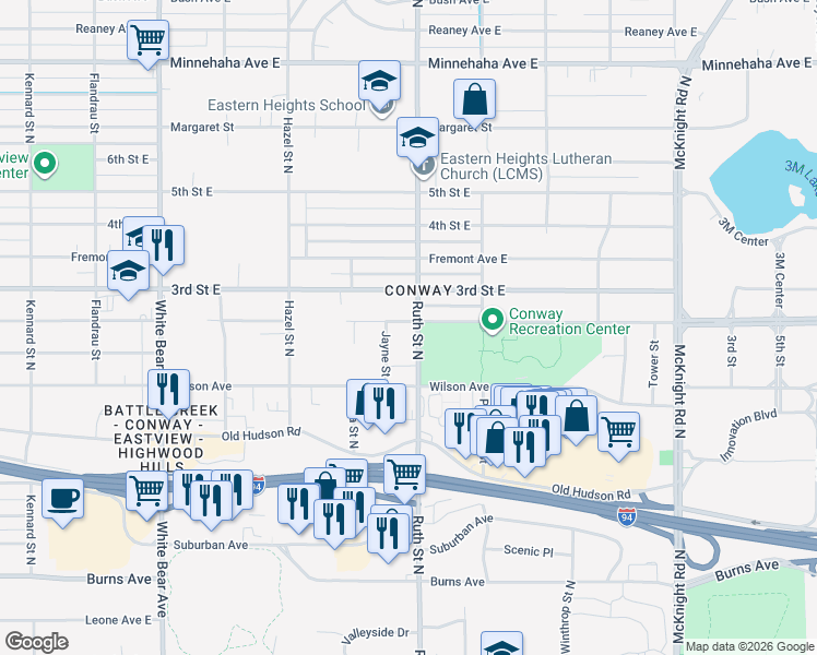 map of restaurants, bars, coffee shops, grocery stores, and more near 451 Ruth Street North in Saint Paul
