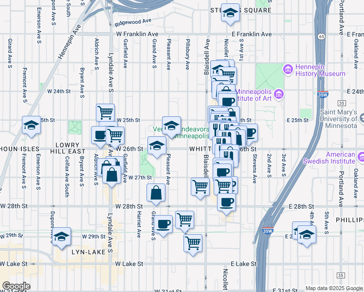 map of restaurants, bars, coffee shops, grocery stores, and more near in Minneapolis