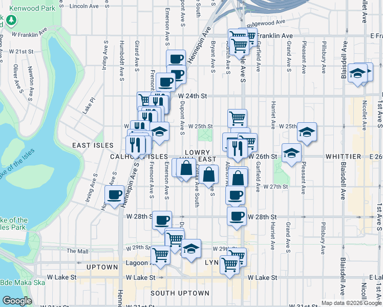 map of restaurants, bars, coffee shops, grocery stores, and more near in Minneapolis
