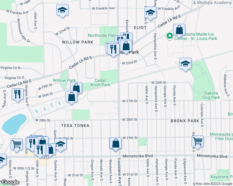 map of restaurants, bars, coffee shops, grocery stores, and more near 7204-7300 W 27th St in St Louis Park