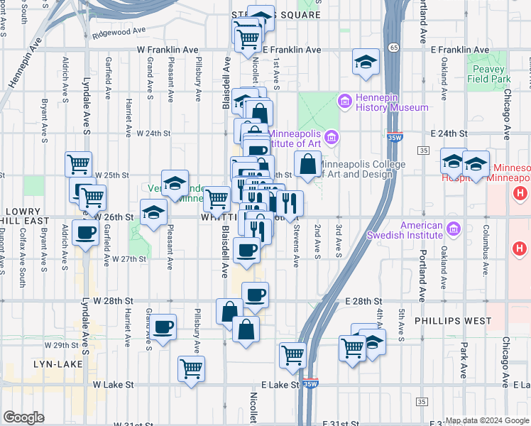 map of restaurants, bars, coffee shops, grocery stores, and more near 2611 Nicollet Avenue in Minneapolis