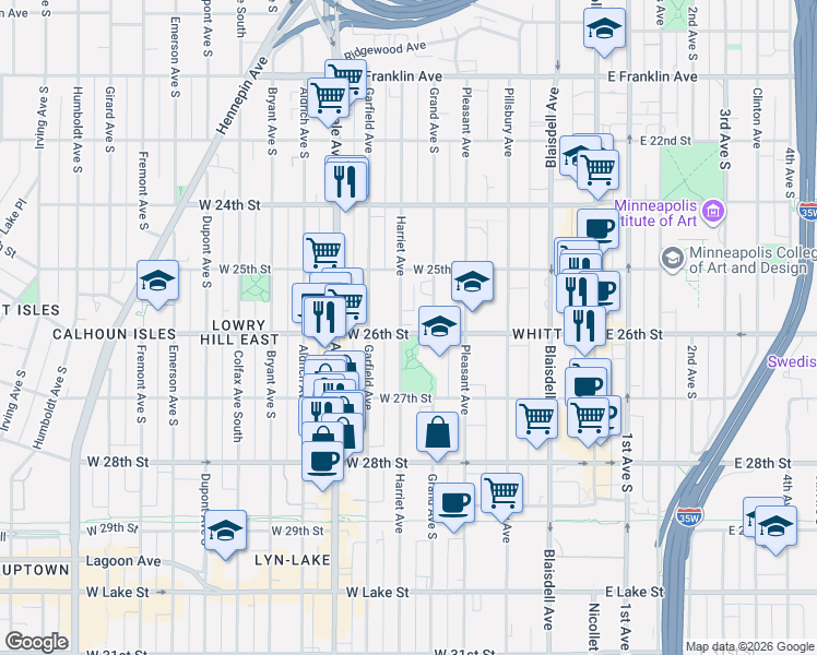 map of restaurants, bars, coffee shops, grocery stores, and more near 425 West 26th Street in Minneapolis