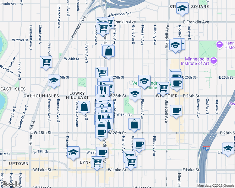 map of restaurants, bars, coffee shops, grocery stores, and more near 2545 Garfield Avenue South in Minneapolis