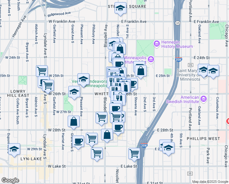 map of restaurants, bars, coffee shops, grocery stores, and more near in Minneapolis