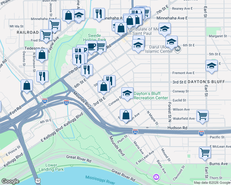 map of restaurants, bars, coffee shops, grocery stores, and more near 296 Bates Avenue in Saint Paul