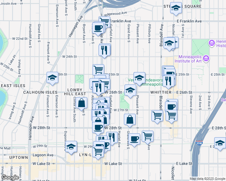 map of restaurants, bars, coffee shops, grocery stores, and more near 2545 Garfield Avenue South in Minneapolis