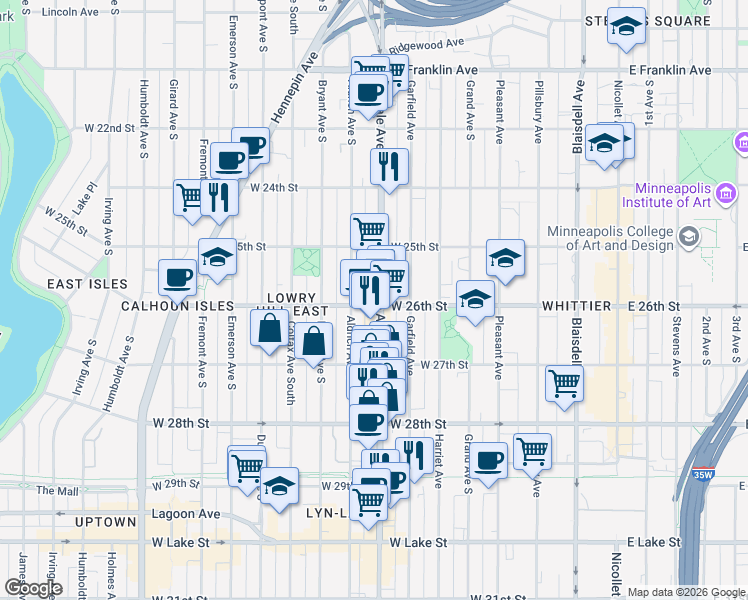 map of restaurants, bars, coffee shops, grocery stores, and more near 2558 Lyndale Avenue South in Minneapolis