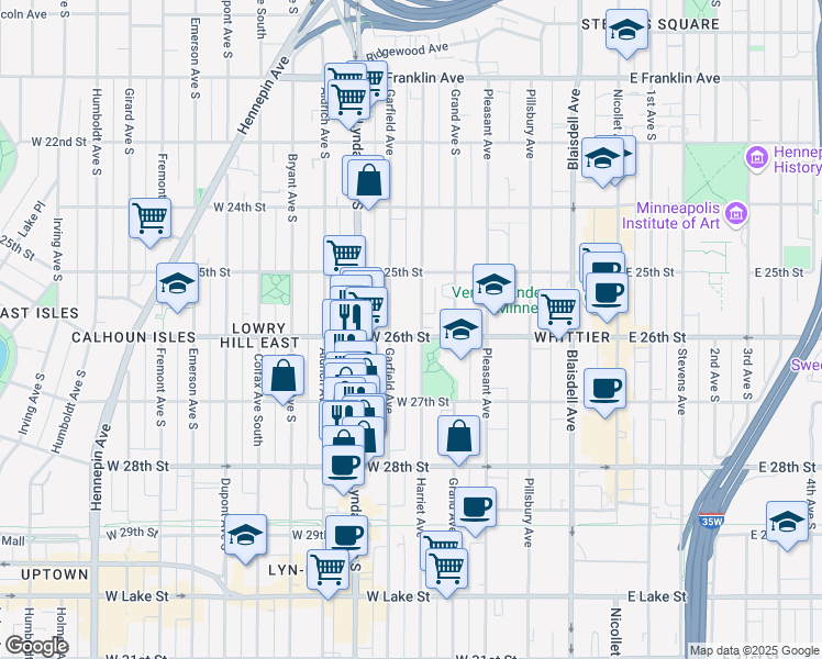 map of restaurants, bars, coffee shops, grocery stores, and more near 2544 Harriet Avenue in Minneapolis
