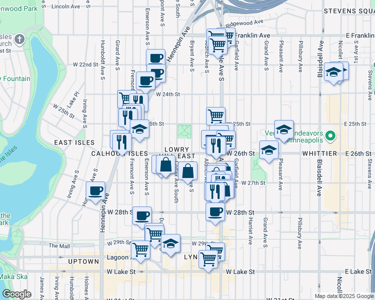 map of restaurants, bars, coffee shops, grocery stores, and more near 2618 Bryant Avenue South in Minneapolis