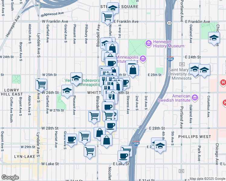 map of restaurants, bars, coffee shops, grocery stores, and more near 2611 Nicollet Avenue in Minneapolis