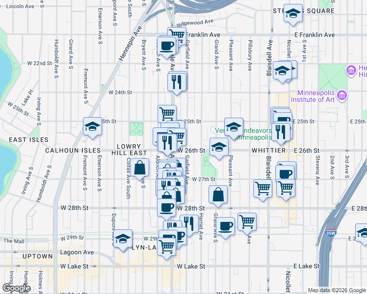 map of restaurants, bars, coffee shops, grocery stores, and more near 2615 Garfield Avenue in Minneapolis