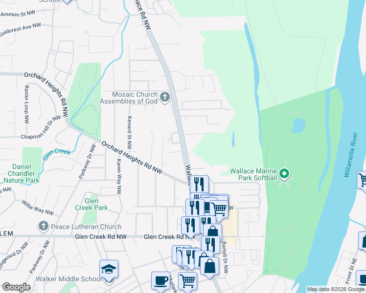 map of restaurants, bars, coffee shops, grocery stores, and more near 1460 Wallace Road Northwest in Salem
