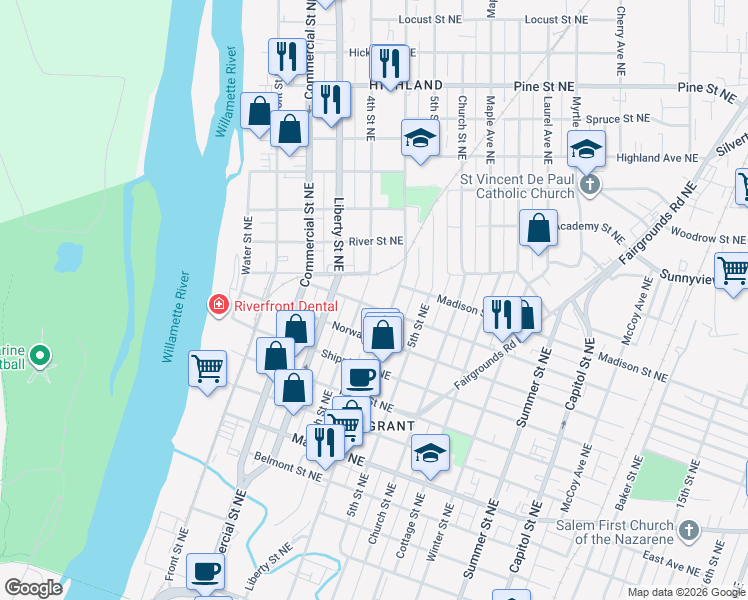 map of restaurants, bars, coffee shops, grocery stores, and more near 1798 4th Street Northeast in Salem