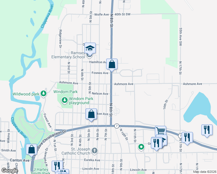 map of restaurants, bars, coffee shops, grocery stores, and more near 707 Ashmore Avenue in Montevideo