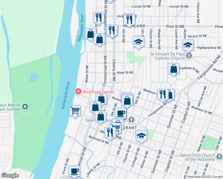 map of restaurants, bars, coffee shops, grocery stores, and more near 1673 Liberty Street Northeast in Salem