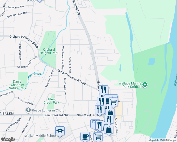 map of restaurants, bars, coffee shops, grocery stores, and more near 1485 Wallace Road Northwest in Salem