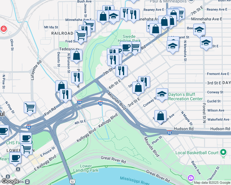 map of restaurants, bars, coffee shops, grocery stores, and more near 644 6th Street East in Saint Paul